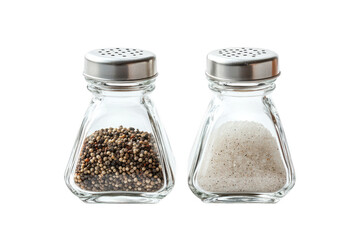 Glass salt and pepper shakers with metal lids filled with ground salt and pepper granules isolated on a transparent background