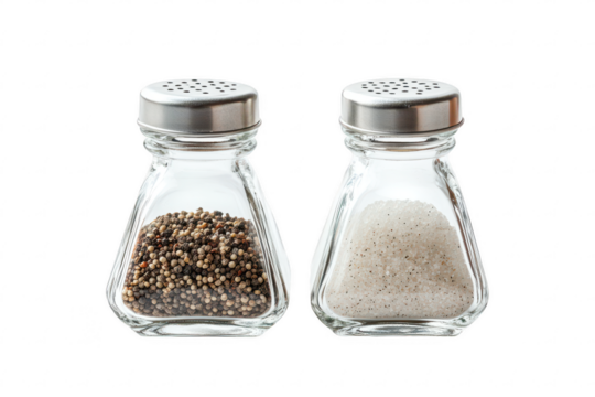 Glass salt and pepper shakers with metal lids filled with ground salt and pepper granules isolated on a transparent background