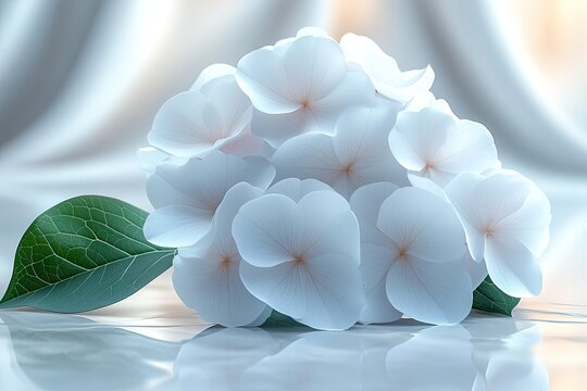 Elegant white hydrangea blossoms rest on a reflective surface. Use it for sophisticated designs like invitations and web backgrounds.