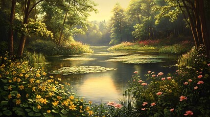Fototapeta premium A serene landscape featuring a tranquil river, lush greenery, and vibrant flowers.