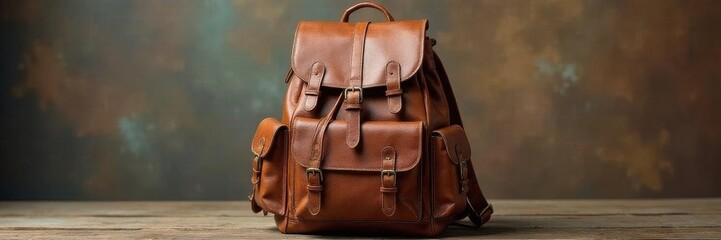 Antique leather rucksack, cut-out, clean background, object, aged leather, adventure