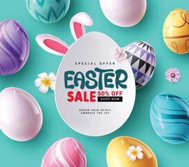 Easter sale text clipart poster design. Happy easter shopping 50% off clip art in blue doodle background with colorful eggs, flowers and wishes flyer design. Vector illustration.