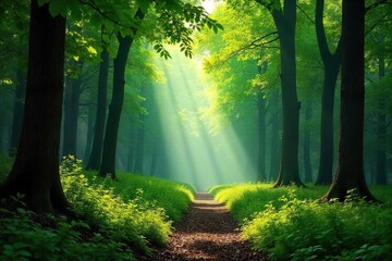 Fototapeta premium Serene forest scene with dappled sunlight filtering through lush green canopy, creating a magical atmosphere Perfect for nature, travel, or environmental themes , green, magical