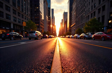 Obraz premium Sunset in a big city, evening street, defocused background.