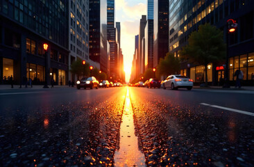 Fototapeta premium Sunset in a big city, evening street, defocused background.