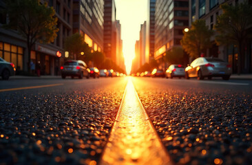 Sunset in a big city, evening street, defocused background.