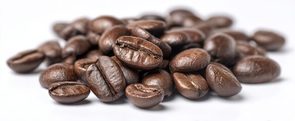 The rich texture of freshly roasted coffee beans on a white background.