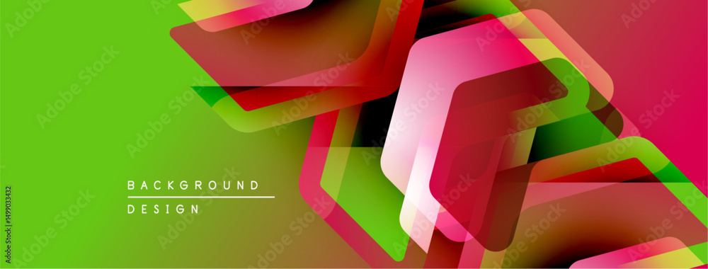 Poster Abstract geometric shapes overlap vibrant green background. Modern design elements create dynamic visual texture.