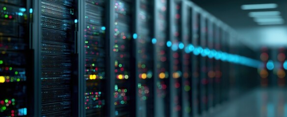 The modern server room with vibrant lights and advanced technology infrastructure.