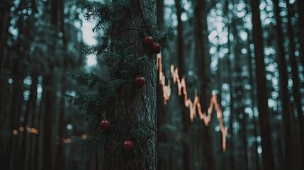 Christmas decorations on a tree trunk in a forest