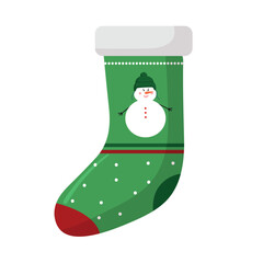 Vector christmas sock isolated on blue background. Traditional red and green colors. Ornate holiday stocking for gift. Holiday decoration