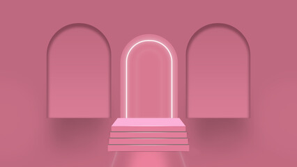 Minimalist Pink Podium with Glowing Arch for Product Background Image