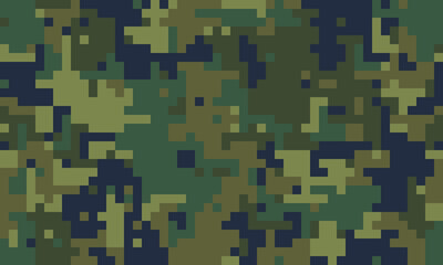 Abstract digital camouflage pattern in shades of green, brown, and dark blue.  Perfect for backgrounds, textiles, or militarythemed designs.