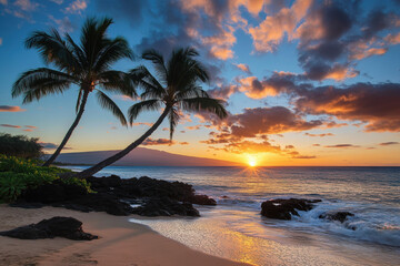 Fototapeta premium Tropical beach sunset with palm trees over the ocean