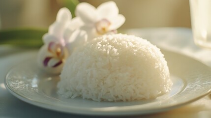 White rice dish with orchids