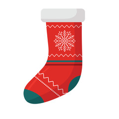 Vector christmas sock isolated on blue background. Traditional red and green colors. Ornate holiday stocking for gift. Holiday decoration