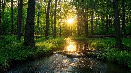 Obraz premium A serene forest scene with sunlight filtering through trees, reflecting on a flowing stream.