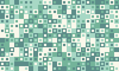 Abstract geometric background of varying sized teal and offwhite squares.