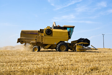 Wheat harvesting - harvester on field, view from right side