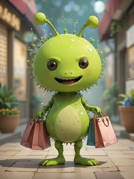 wealthy azotobacter vinelandii cartoon character with shopping bags