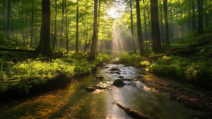 A serene forest scene with sunlight filtering through trees and a gentle stream.