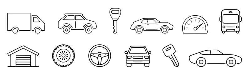 Collection of black and white line art car icons suitable for automotive related design elements