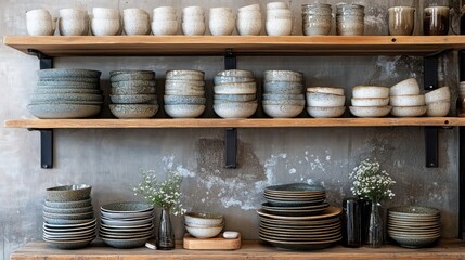 Display of Handmade Ceramic Tableware on Rustic Wooden Shelves