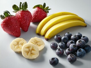 Fresh and Colorful Assortment of Strawberries, Bananas, Blueberries, and Sliced Bananas on a Neutral Background for Healthy Eating Promotion