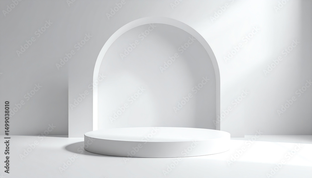 Poster minimalist white backdrop featuring a curved arch and a circular platform, ideal for displays or pre