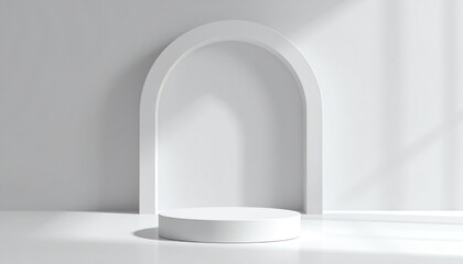 Fototapeta premium Minimalist white arch structure with a circular platform, creating a modern and elegant display space, illuminated by soft natural light