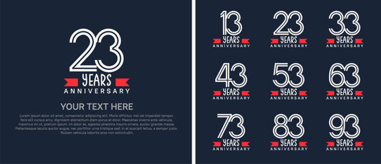 logo anniversary set. white color with red ribbon on blue background for special event