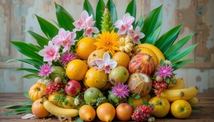 Vibrant fruit arrangement with flowers indoor setting still life natural colors aesthetic appeal