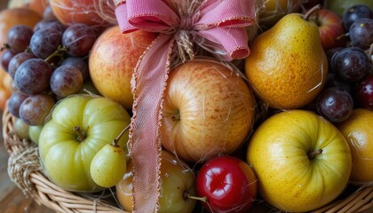 Harvest celebration fresh fruit basket arrangement kitchen table food photography cozy atmosphere close-up vibrant colors