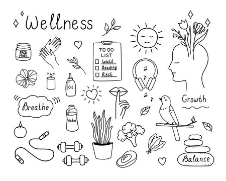 Hand-drawn doodle set with wellness icons: plants, skincare, fitness, healthy eating, sports, lettering,  mindfulness elements. For planners, apps, health lifestyle blogs, stickers, self-care branding