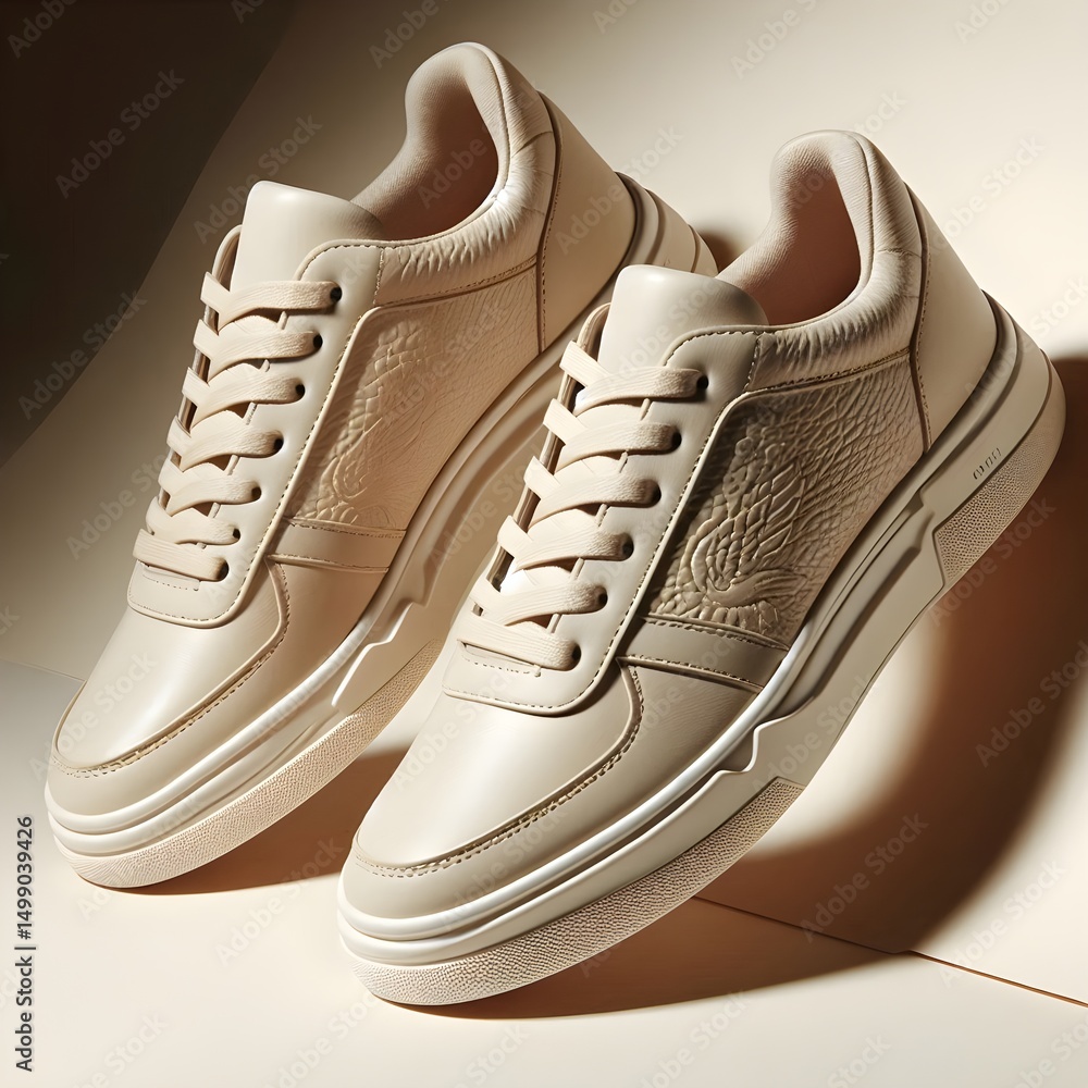 Poster cream leather sneaker with embossed detail floating above neutral background and soft shadow in mini