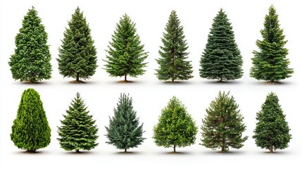 Obraz premium Twelve diverse evergreen trees against white