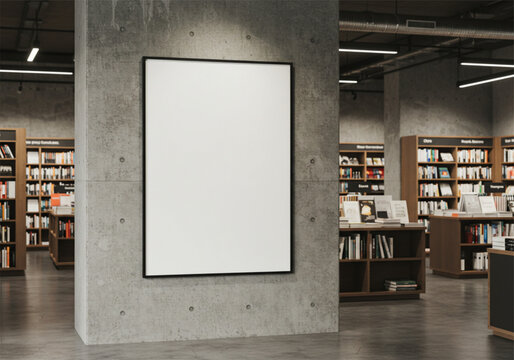 Blank poster display in modern bookstore interior