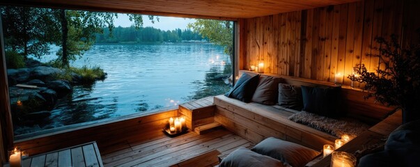 Obraz premium Calm environment through serenity and positivity in therapy concept. Cozy lakeside retreat with candles and calming evening ambiance.