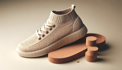Warm beige organic cotton knit sneaker with cork insole isolated on soft neutral background for minimalist fashion