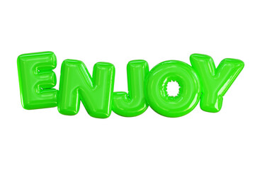 Inflated Enjoy 3D text in glossy shiny finish in bright lime color. Playful Balloon bubble style typography. Design for social media, blog post
