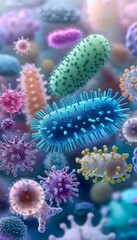 Obraz premium Microscopic Wonders A Vibrant and Colorful Array of Bacteria and Viruses Under the Microscope