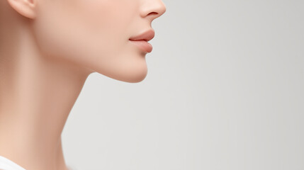 Elegant profile of a woman showcasing smooth skin, graceful neck, and natural beauty in a minimalist setting, emphasizing beauty and wellness concept