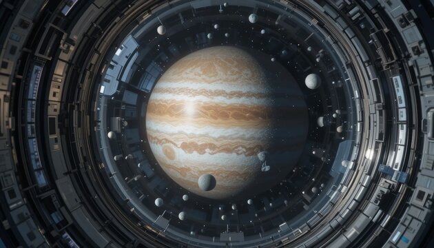 Exploring jupiter's mysteries in a cosmic station outer space digital art futuristic environment aerial view science concept