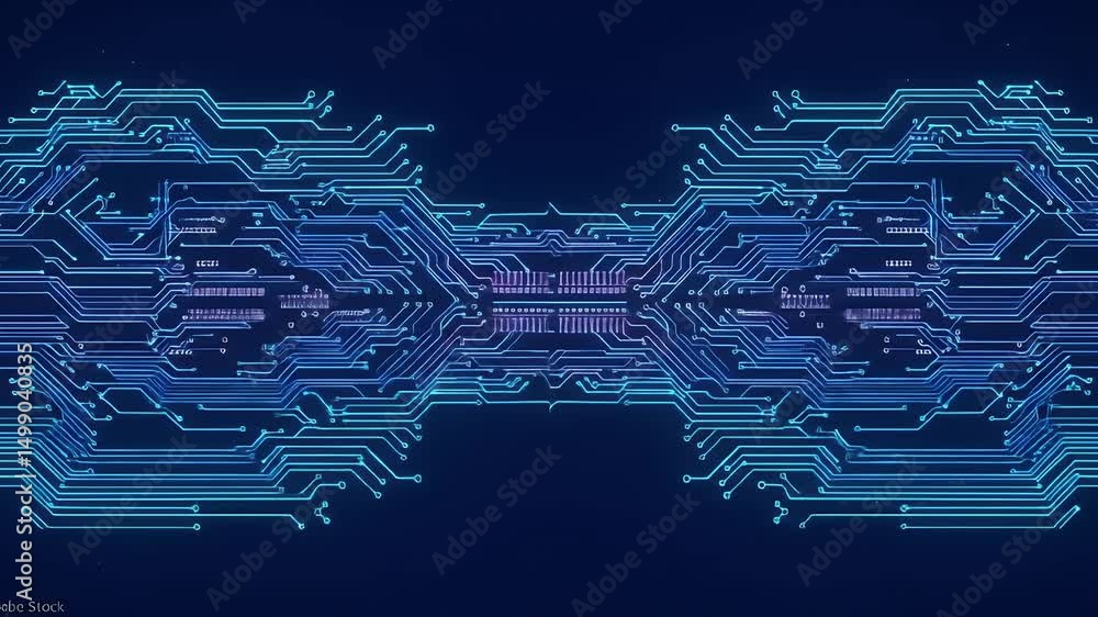 Poster futuristic circuit board pattern glowing neon lines on blue background techscape featuring intricate