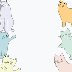 Colorful cats sitting, stretching, waving, adorable pet border, modern vector illustration for decor