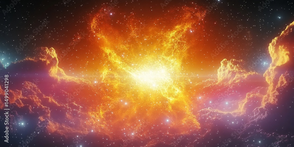 Poster fiery nebula with warm shades of color engulfing space with stars in the deep universe