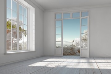 Obraz premium Bright White Room Interior with Open French Doors and Scenic View