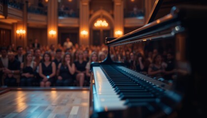 Piano performance event concert hall music experience elegant setting audience perspective artistic expression