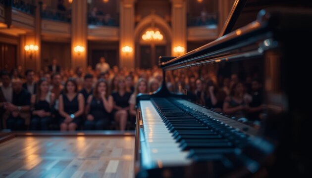 Piano performance event concert hall music experience elegant setting audience perspective artistic expression