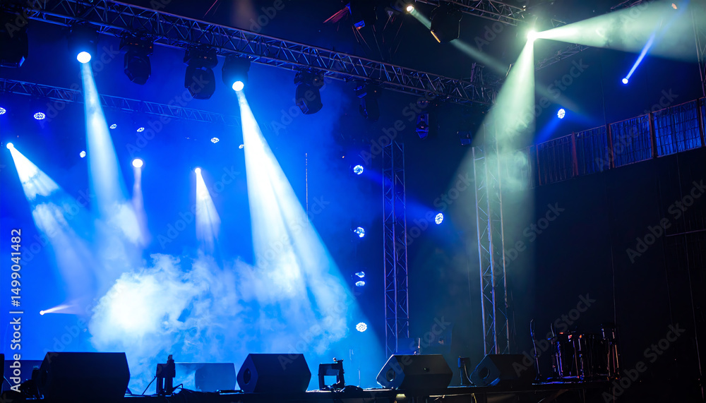 Poster a dynamic stage setup with vibrant lights and fog, creating an energetic atmosphere for a live perfo